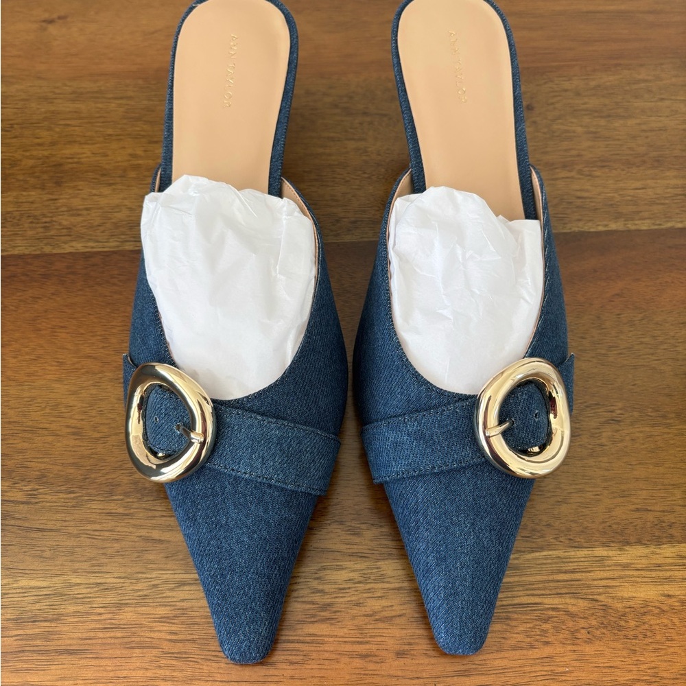 NWT Ann Taylor Denim Kitten Heels with Gold Buckle